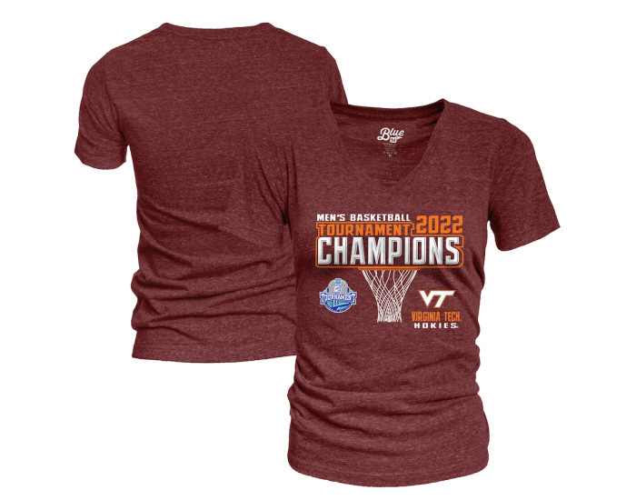 Virginia Tech Hokies Blue 84 Women's 2022 ACC Men's Basketball Conference Tournament Champions V-Neck T-Shirt - Maroon