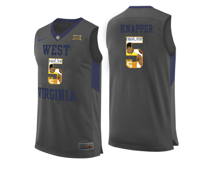 West Virginia Mountaineers #5 Brandon Knapper Replica College Basketball Jersey Gray