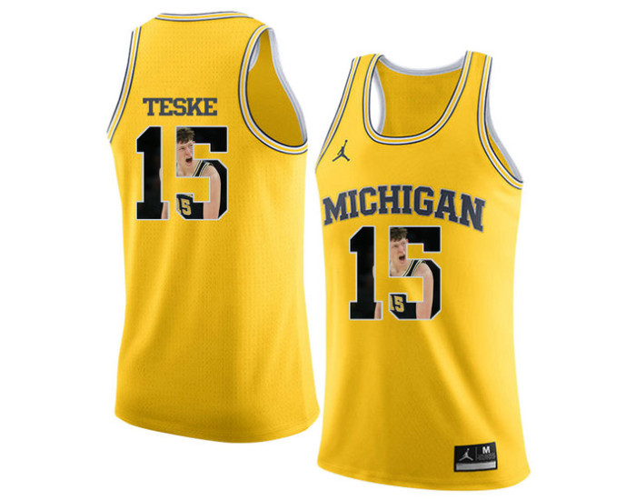 Michigan Wolverines #15 Jon Teske Authentic College Basketball Jersey Yellow