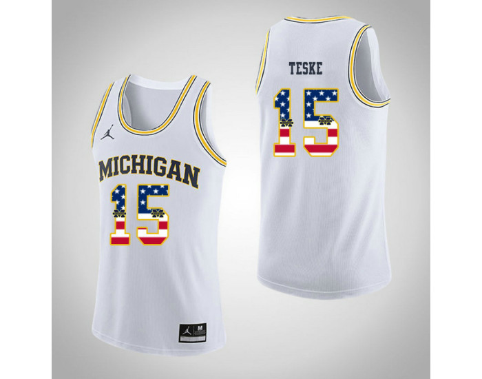 Youth Michigan Wolverines #15 Jon Teske Jordan Brand USA Flag Replica College Basketball Jersey White