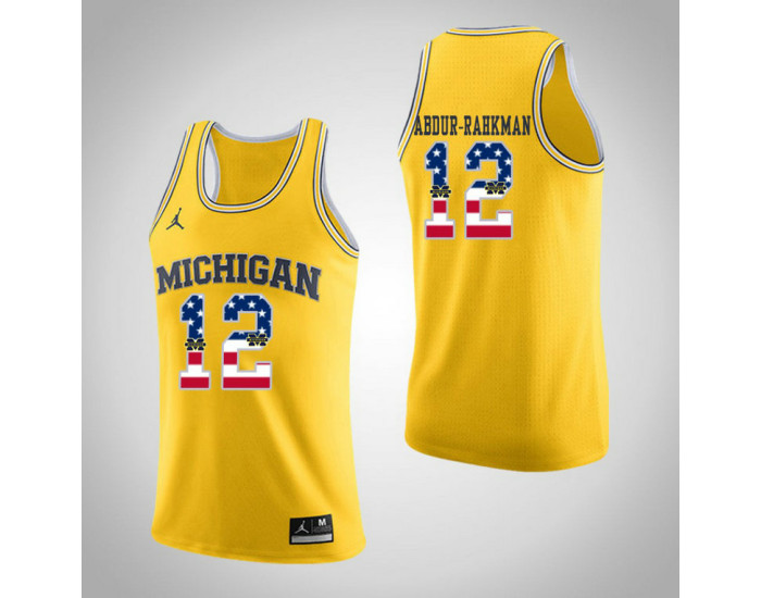Michigan Wolverines #12 Muhammad-Ali Abdur-Rahkman Jordan Brand USA Flag Replica College Basketball Jersey Yellow